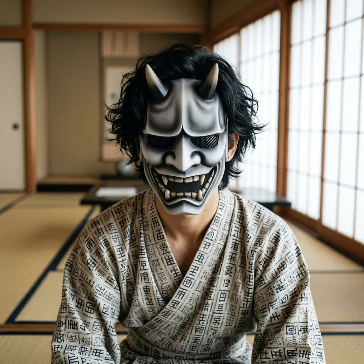 Hannya Oni mask facing forward, showing its grey-to-charcoal ombre shading, curved horns and bared fangs.