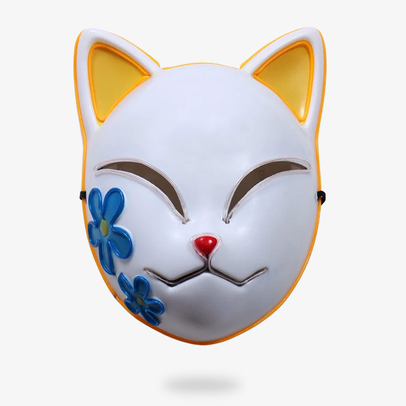 This manga accessory is a demon slayer kitsune mask with flowers on fox cheek. Mask is made with led battery