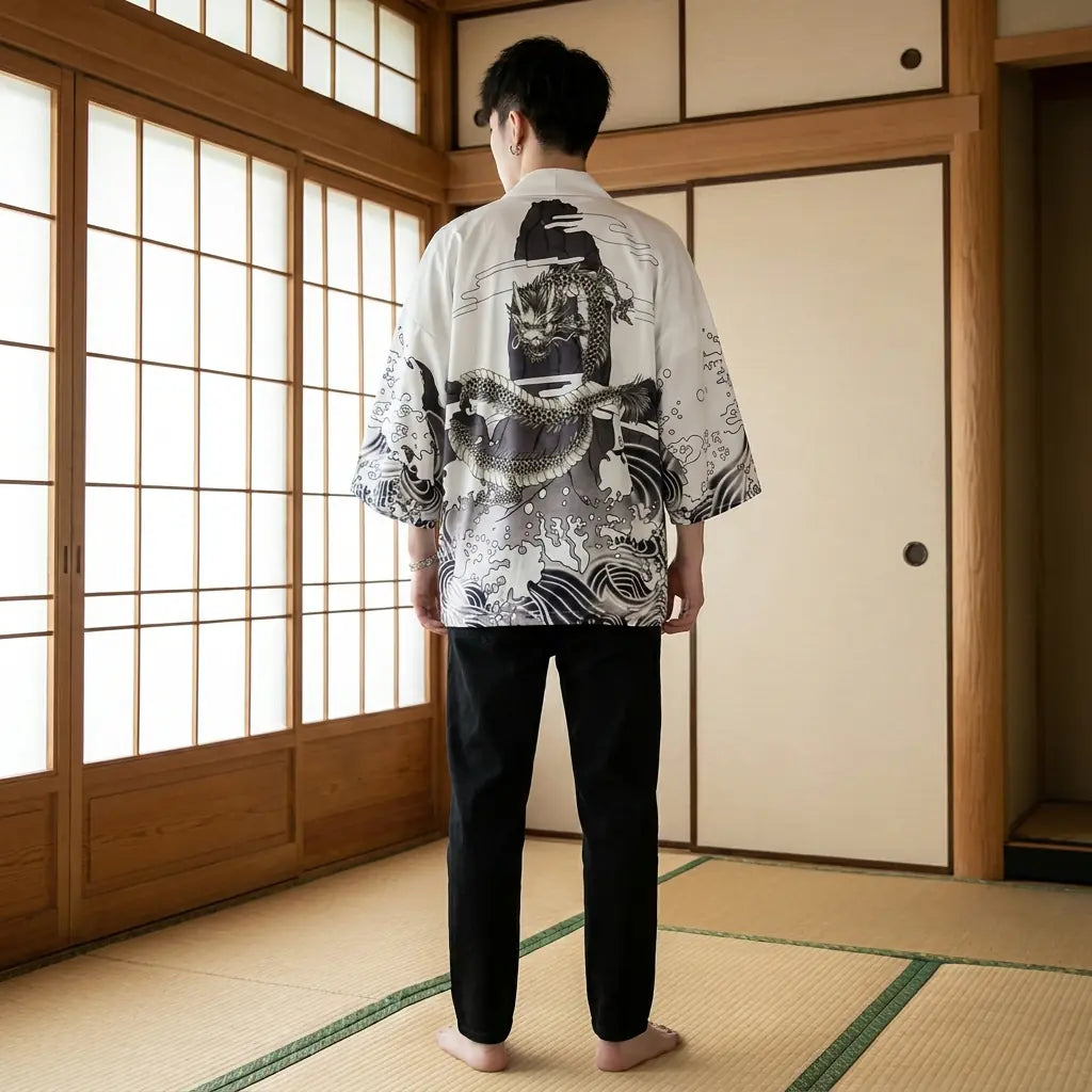 Back view of a kimono dragon in a washitsu room, showing the full back design