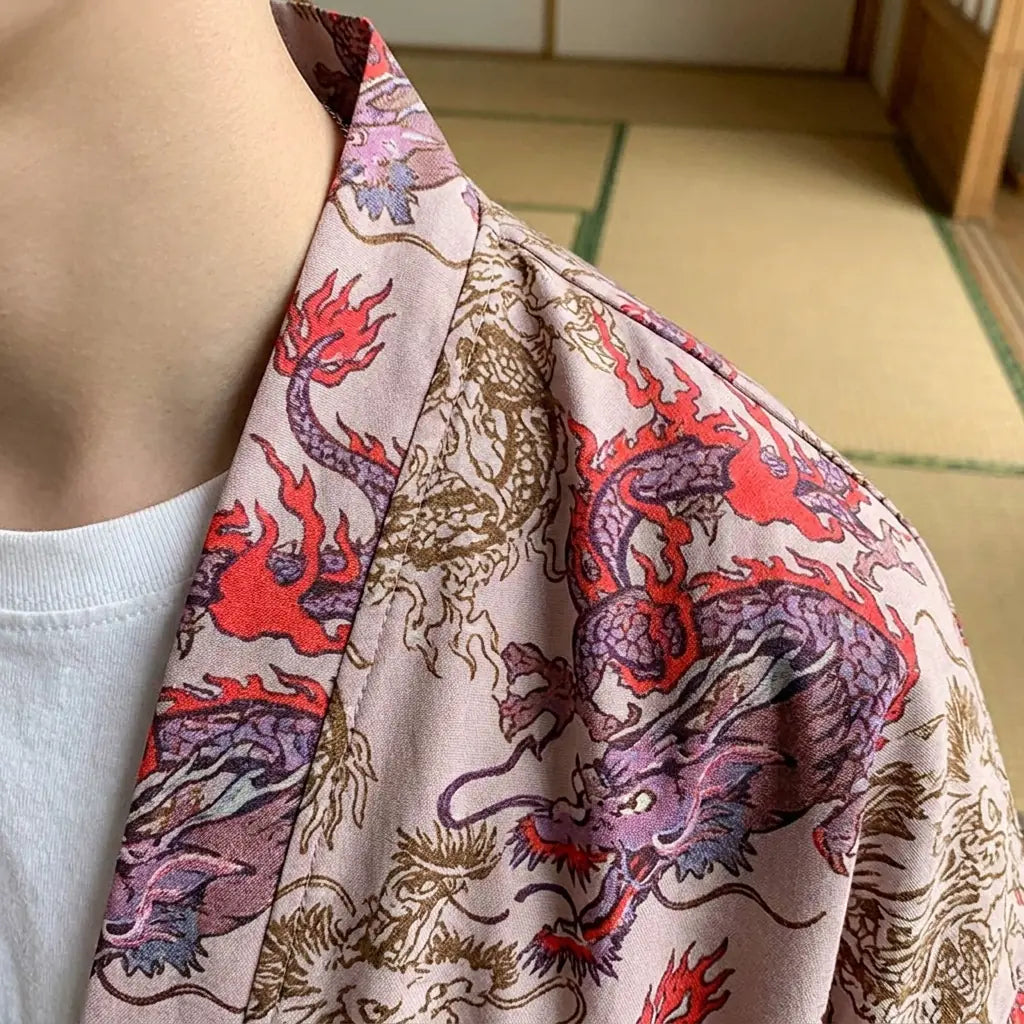 Close-up of the printed fabric and sleeve of a haori dragon