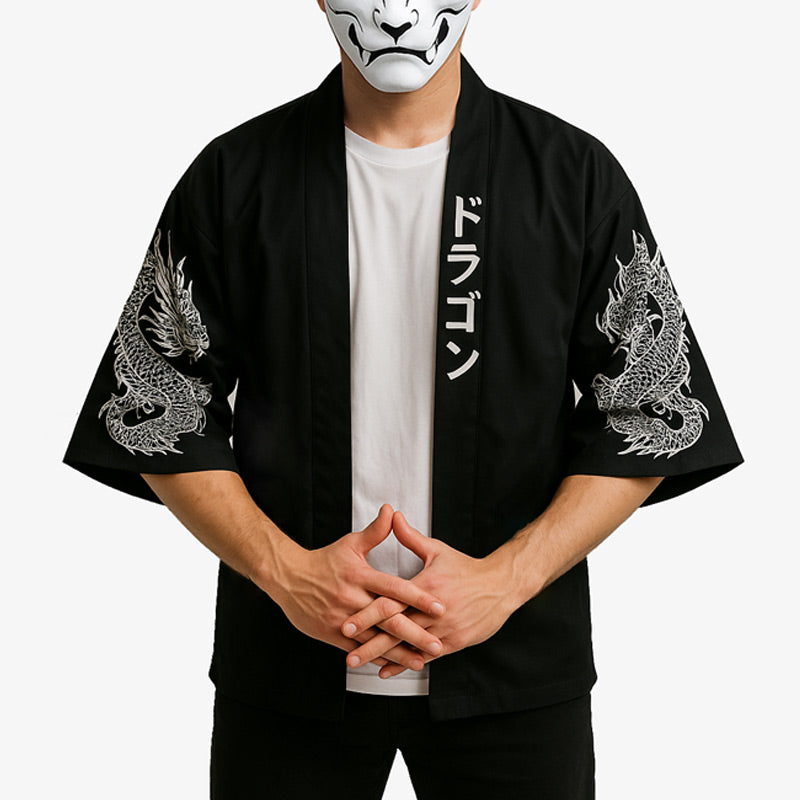Dragon haori coat featuring majestic dragon motifs, blending Japanese mythology with modern layering fashion
