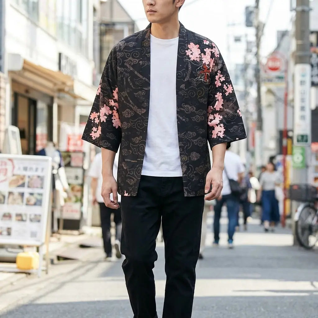 Man wearing a dragon kimono in a Harajuku street in Tokyo, front view