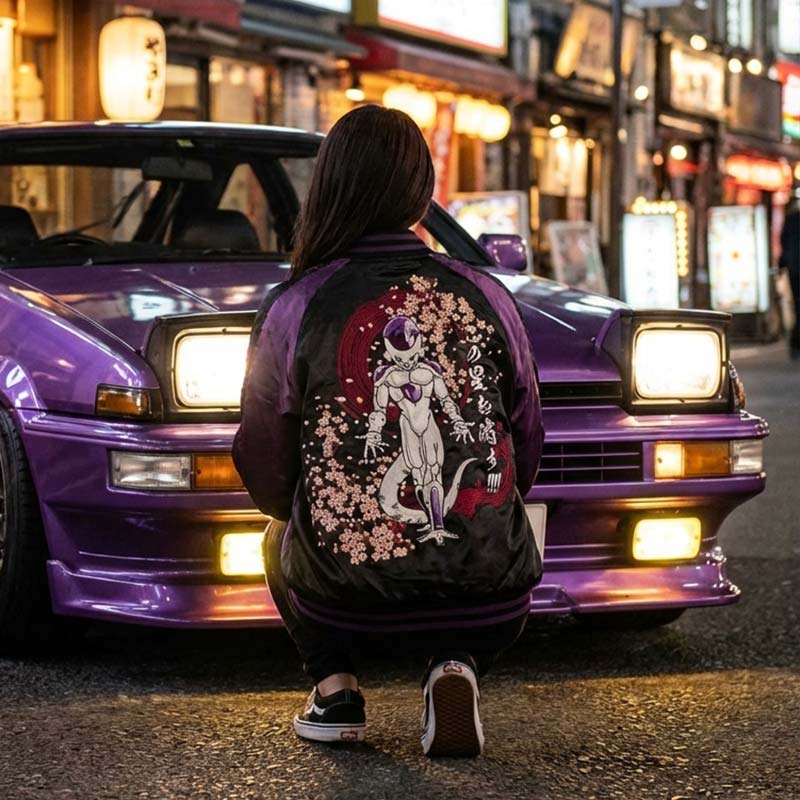 Person wearing a dragonball z souvenir jacket with a embroidered design in front of a vintage Initial D car on a Tokyo street at night.