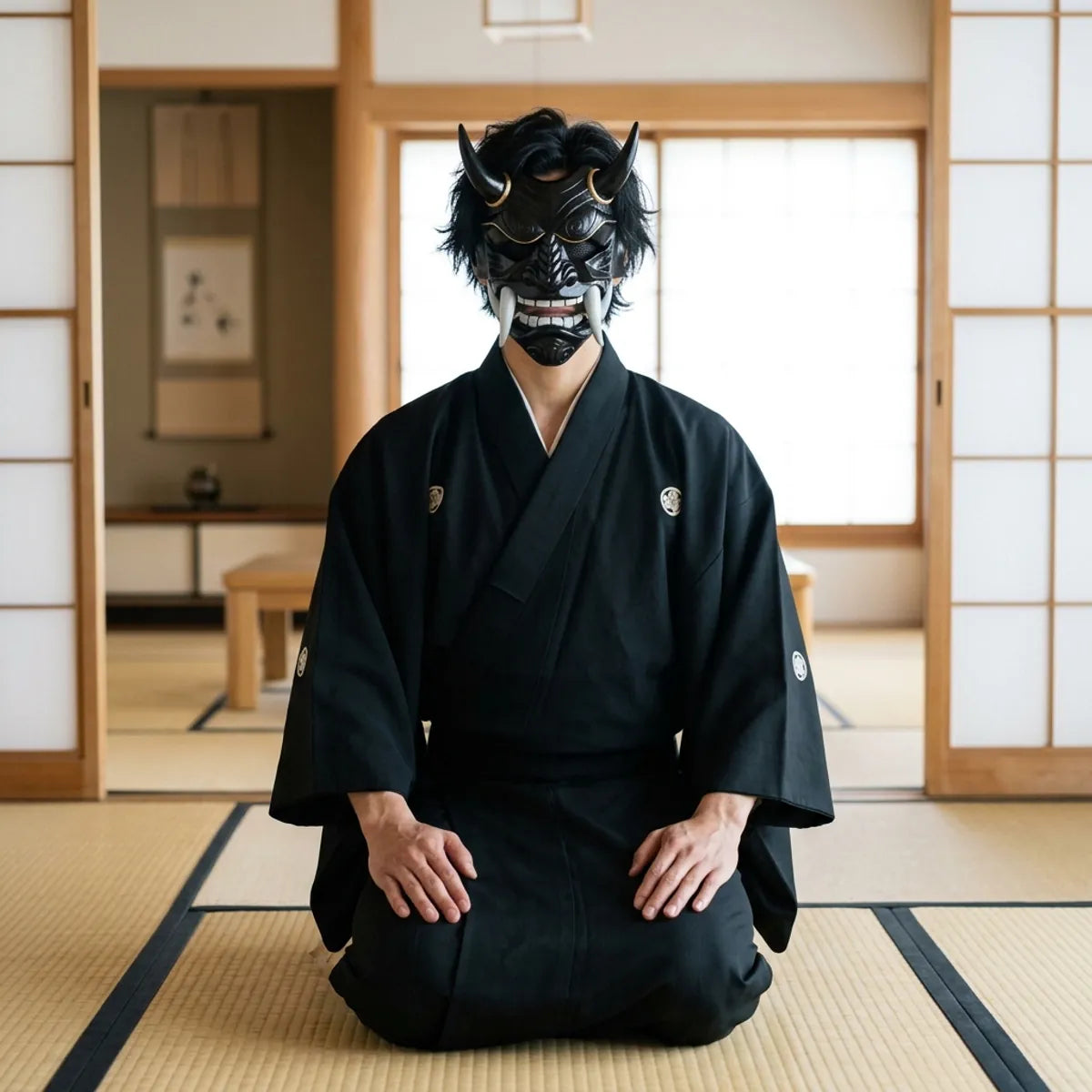 A person seated wearing the black oni half-mask, highlighting the carved tusks, mesh-covered mouth, and spiral cheek carvings up close.