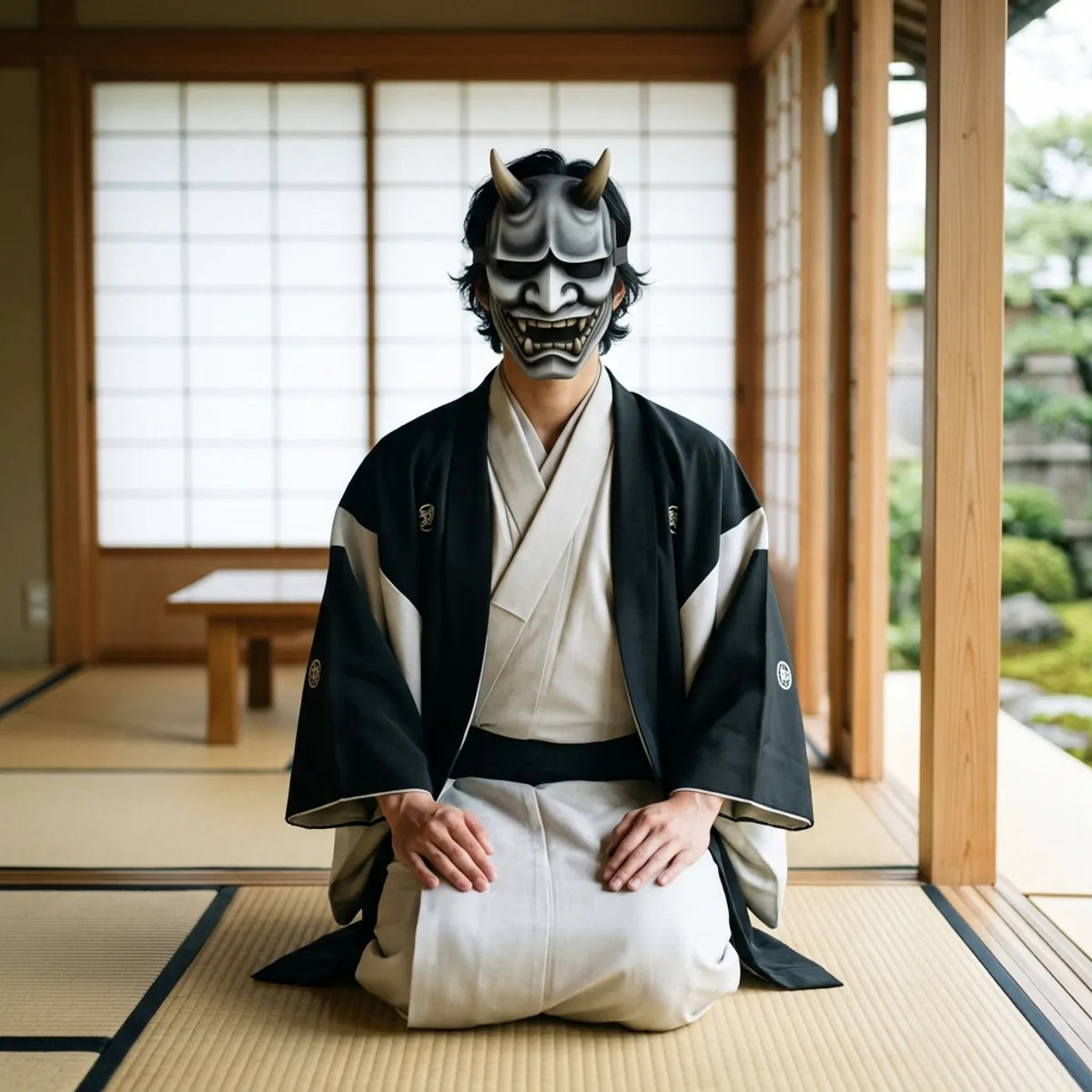 Model seated wearing the Hannya cosplay mask, highlighting the pointed fangs and furrowed brow details.