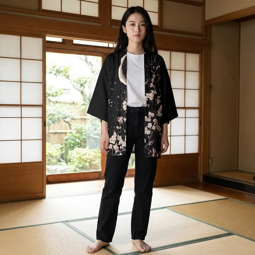 Woman wearing a moon kimono in a washitsu room with tatami and shoji screens