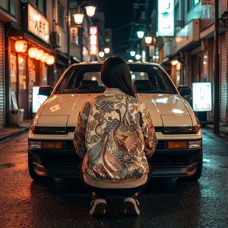 Person with a floral japanese bomber jacket sitting in front of a classic Trueno AE86 car on a HArajuku street at night.