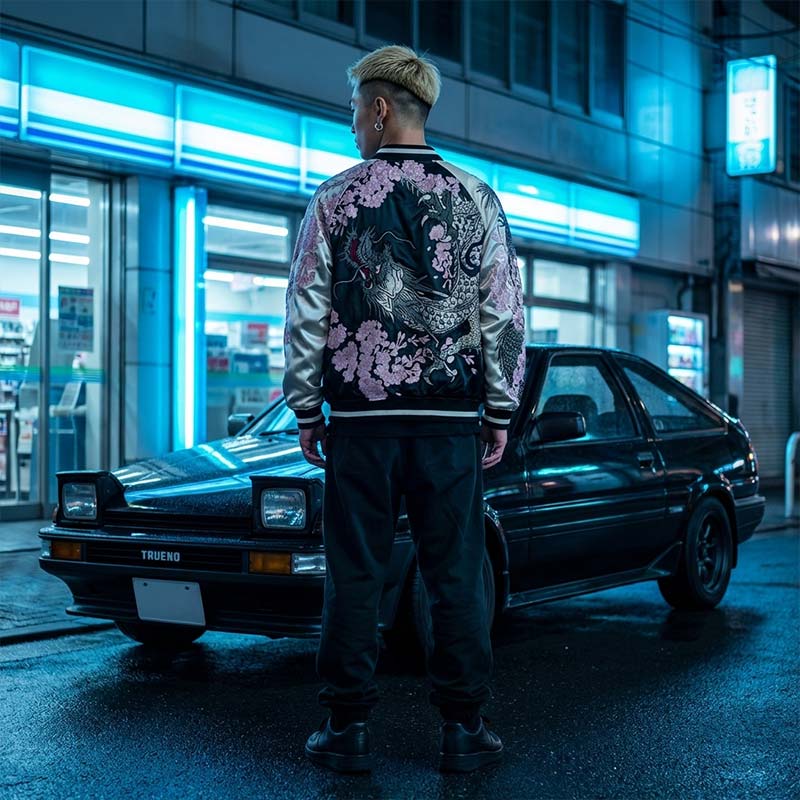 Person wearing a floral Sukajan jacket standing next to a black car in an urban setting with neon lights.
