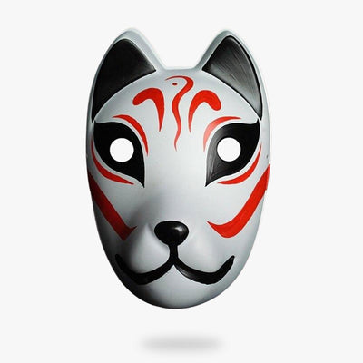 This fox kitsune mask is white and painted with red motifs. It is a Kitsune mask of the anbu ninja in Naruto.