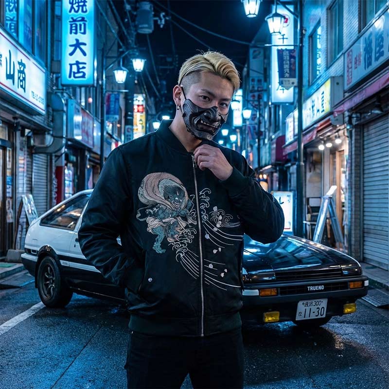 Man with stylized fujin jacket standing in a neon-lit Japanese street with a vintage Initial-D Trueno car in the background
