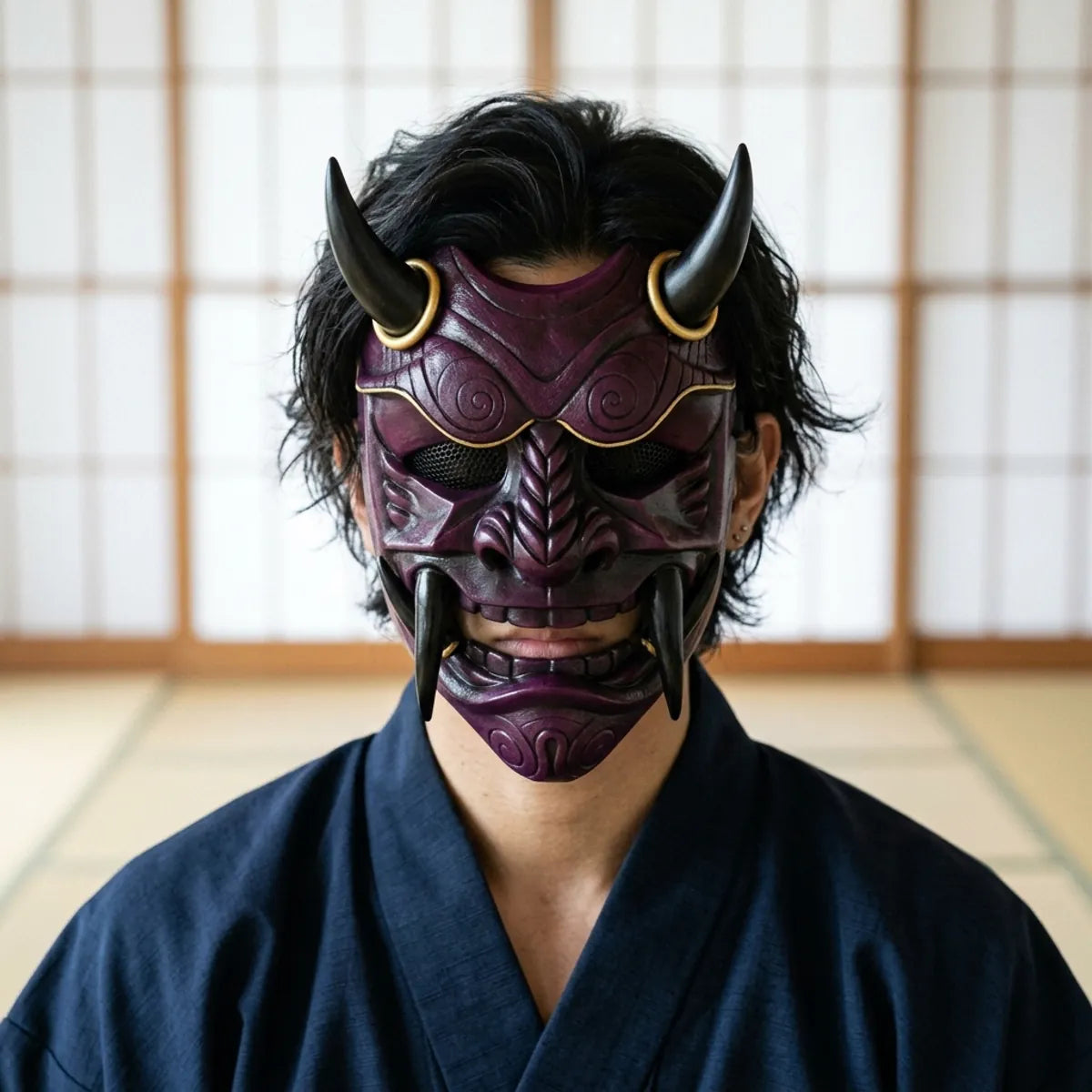 Eggplant-purple Oni demon mask with curved black horns, gold-ringed bases and black mesh eye openings shown head-on.