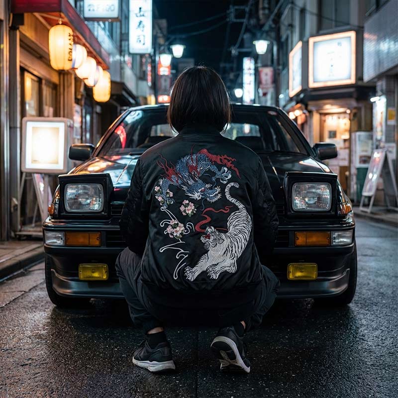 woman wearing a black dragon souvenir jacket with a white tiger design in front of a black car on a Japanese street at night.