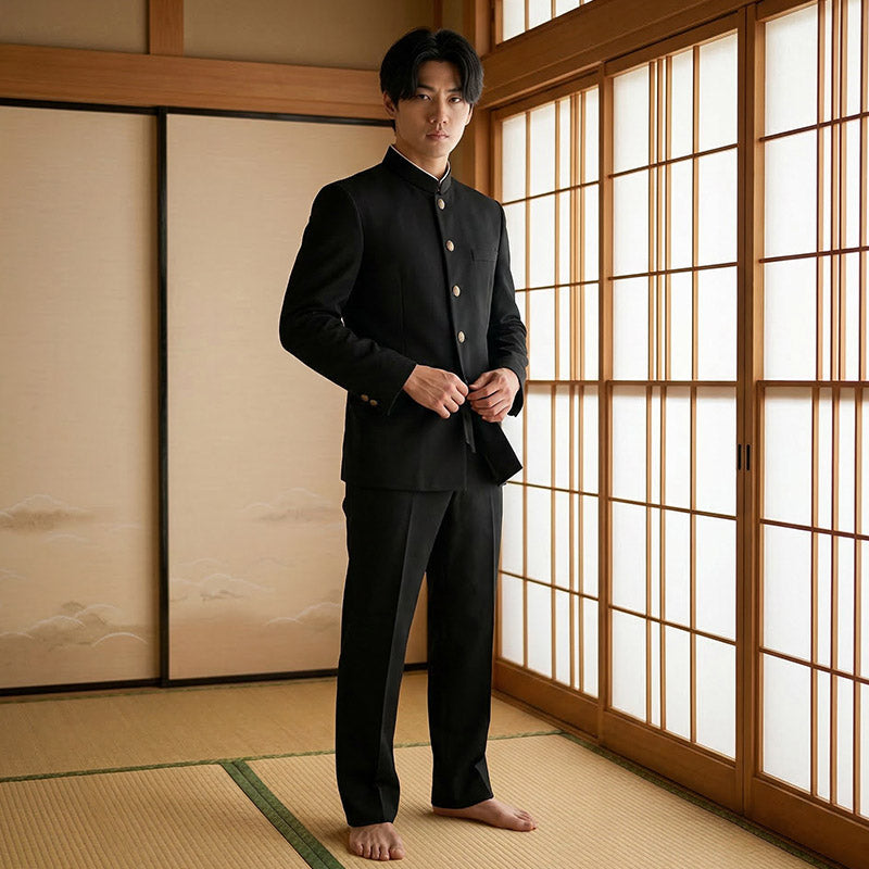 Man in a black gakuran jacket standing in a traditional Japanese room with sliding doors.