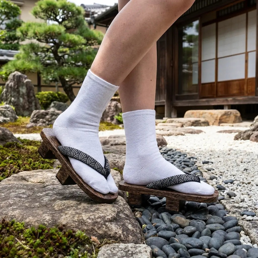 Geta Japanese Seigaiha sandals worn with white tabi socks in a Japanese garden