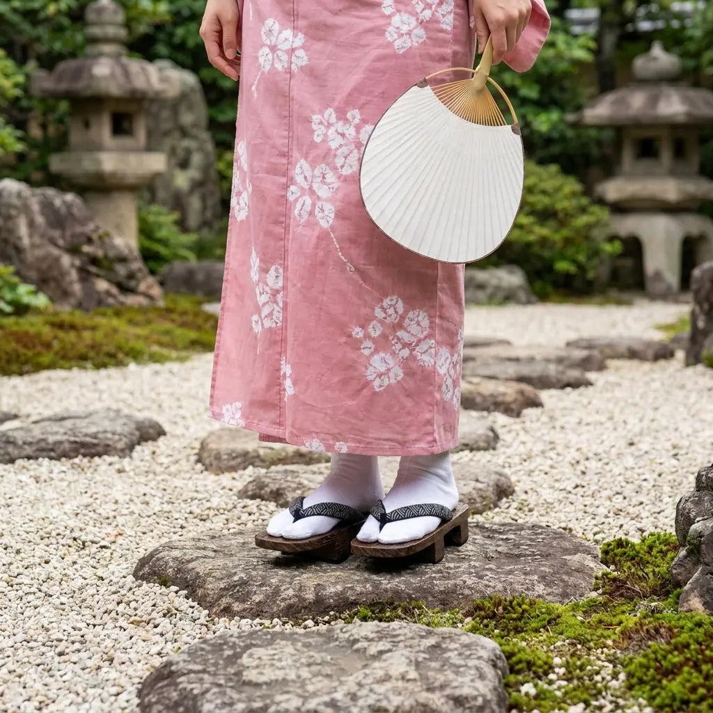 Geta Japanese Seigaiha worn with a pink kimono in a Japanese garden
