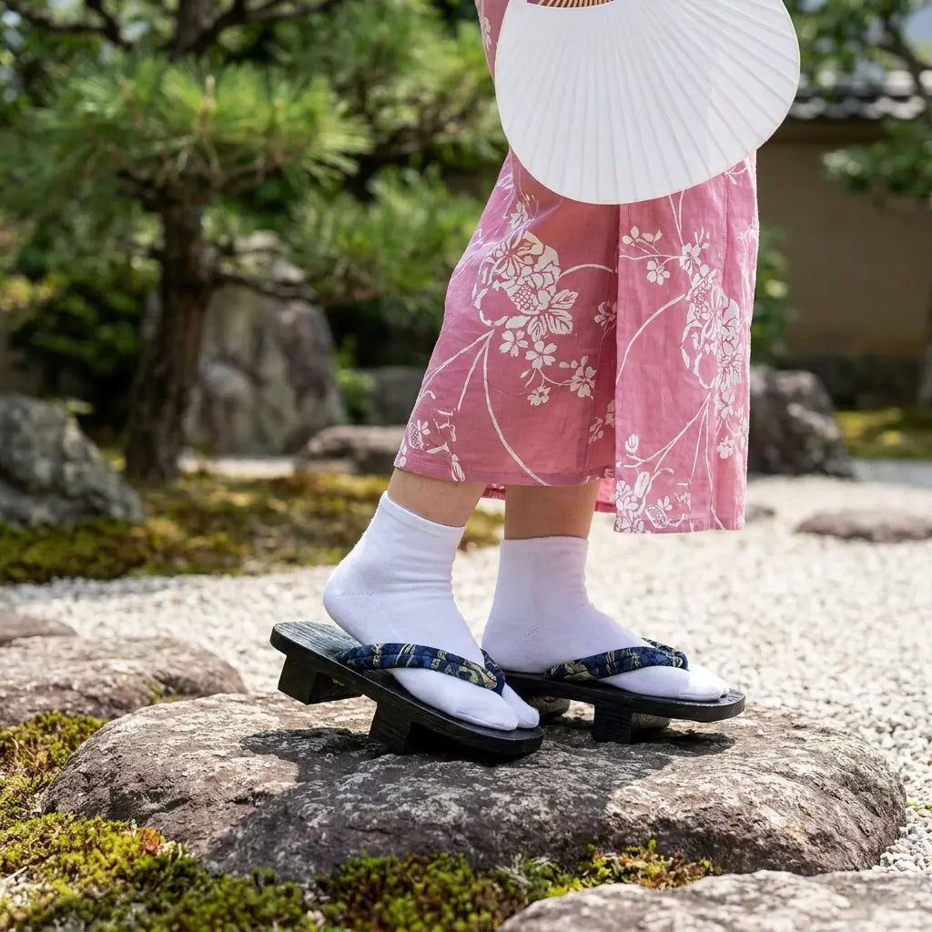 Geta Japanese Wood worn with a pink kimono in a Japanese garden
