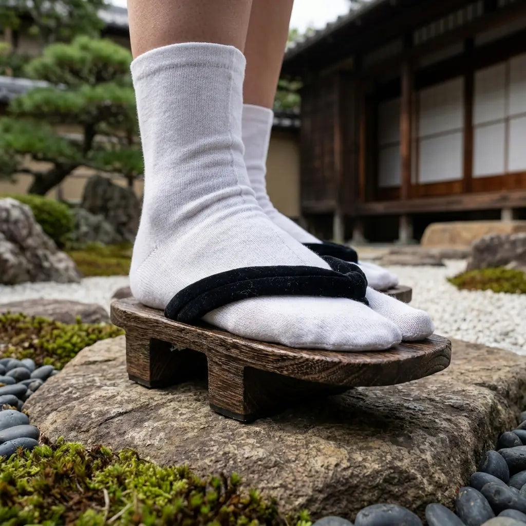 Side view of Geta Woman wooden sandals showing two supporting teeth