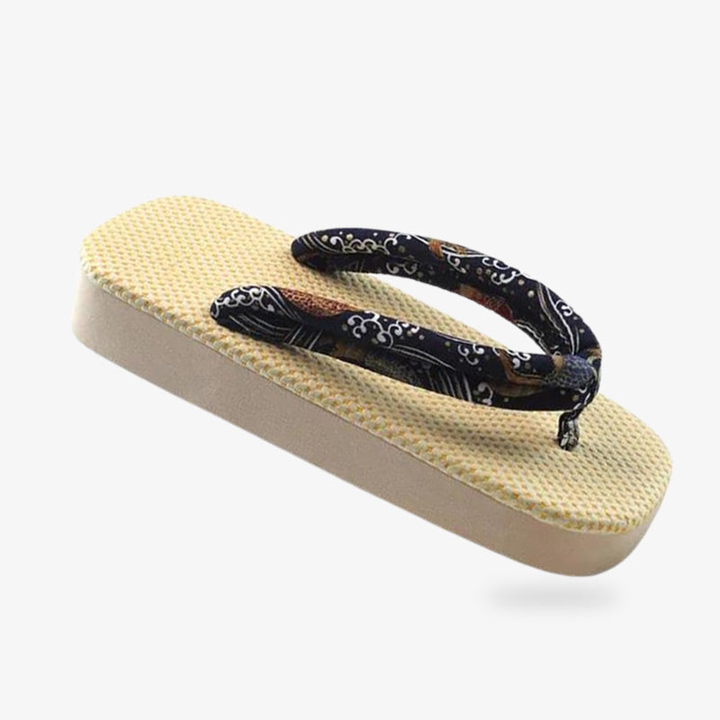 Geta zori sandals, a unique hybrid of traditional Japanese footwear combining the wooden base of geta with the woven tatami straps of zori.