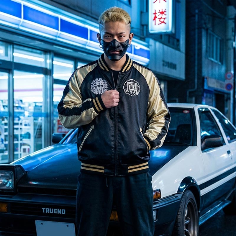 Person wearing a black and gold sukajan jacket standing next to a car with neon signs in the background