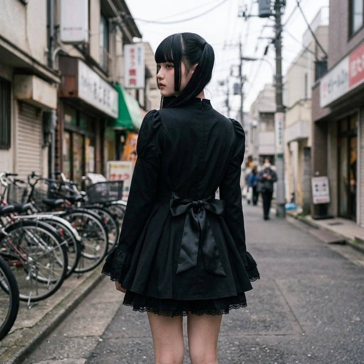 Back view of the dark lolita dress in Harajuku, the satin bow tied at the waist and the pleated skirt