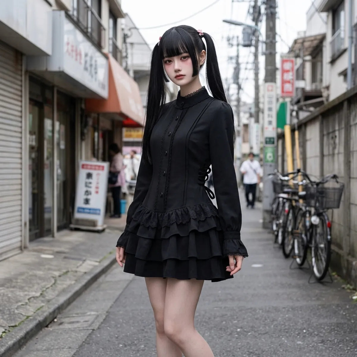 Gothic lolita dress worn in a Harajuku backstreet, black high collar and two tiered ruffles