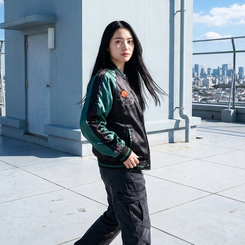 Person wearing a green and black souvenir jacket on a rooftop with a cityscape in the background