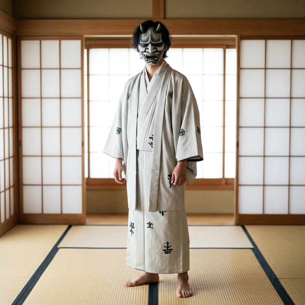 Model standing while wearing the grey-to-charcoal ombre Hannya demon mask with its wide snarling mouth.