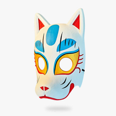 The half face kitsune mask is handpainted with vibrant colors as blue, gold, red and white color. Japanese half mask symbolizing the Japanese fox god