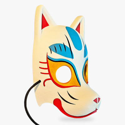 The half mask kitsune is a Japanese full face mask hand painted with white, red, gold and blue color. Material used is quality PU, and a black rope