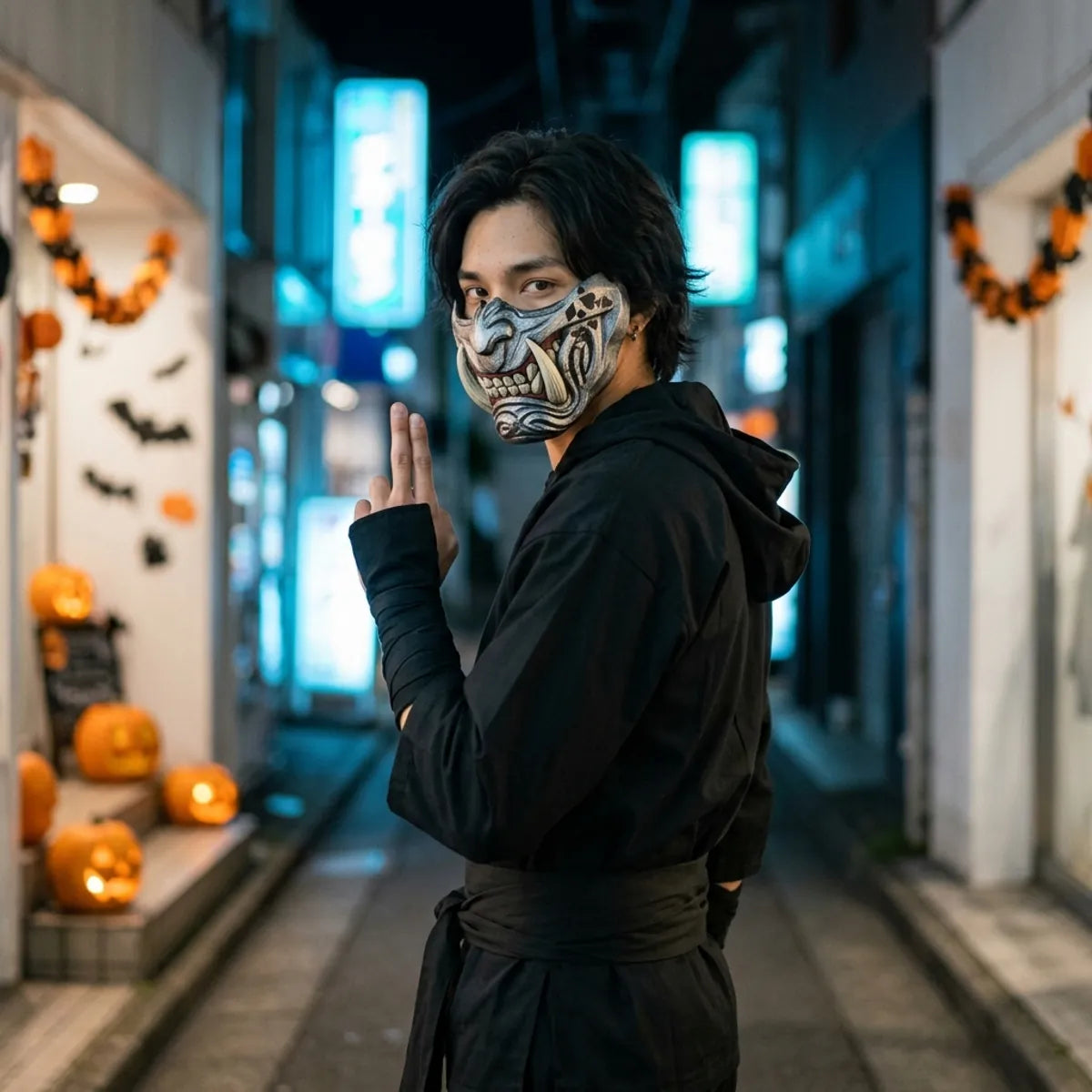 Halloween oni mask worn with a black ninja outfit, looking over the shoulder in an empty Tokyo street