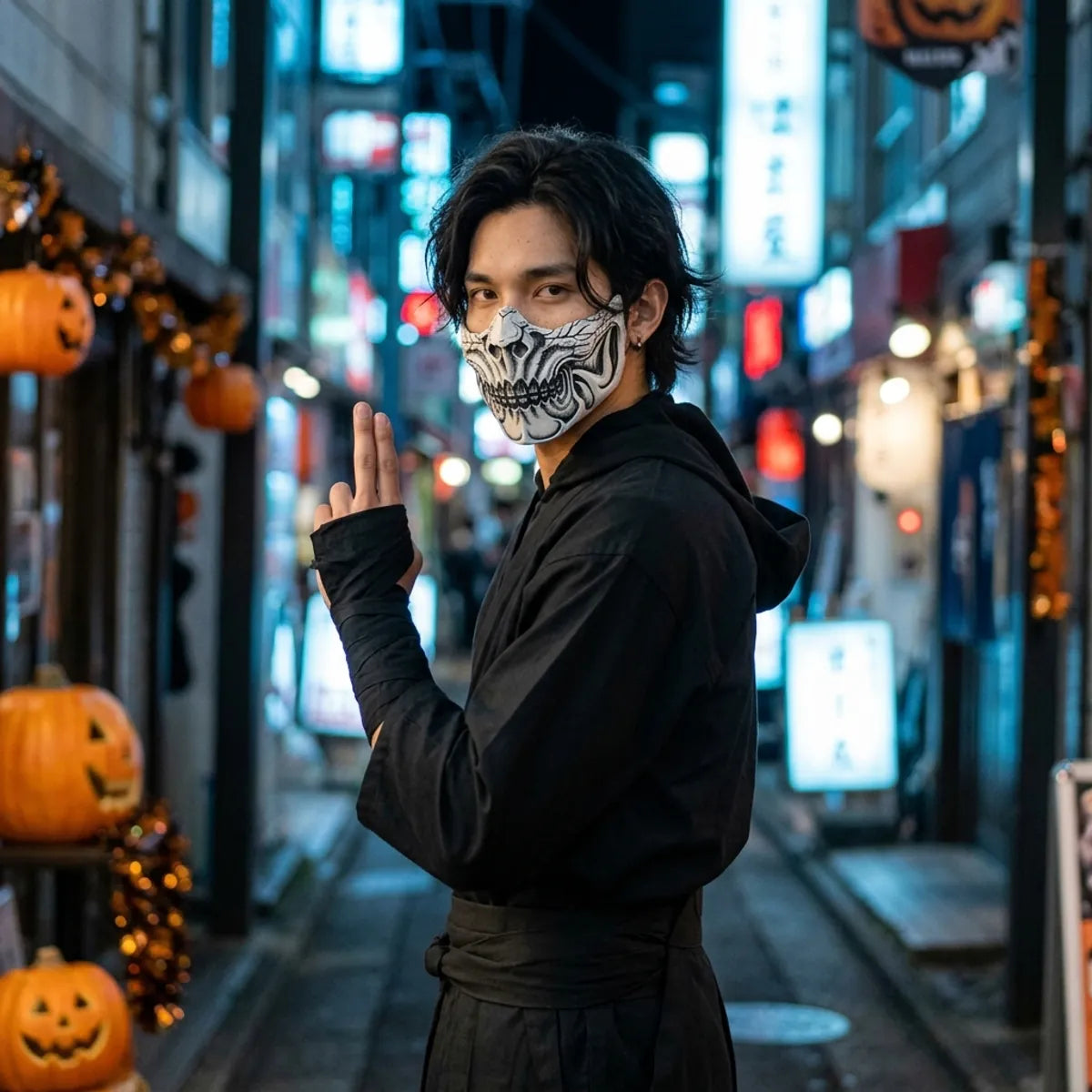 Halloween skull mask worn with a black ninja outfit, looking over the shoulder in an empty Tokyo street
