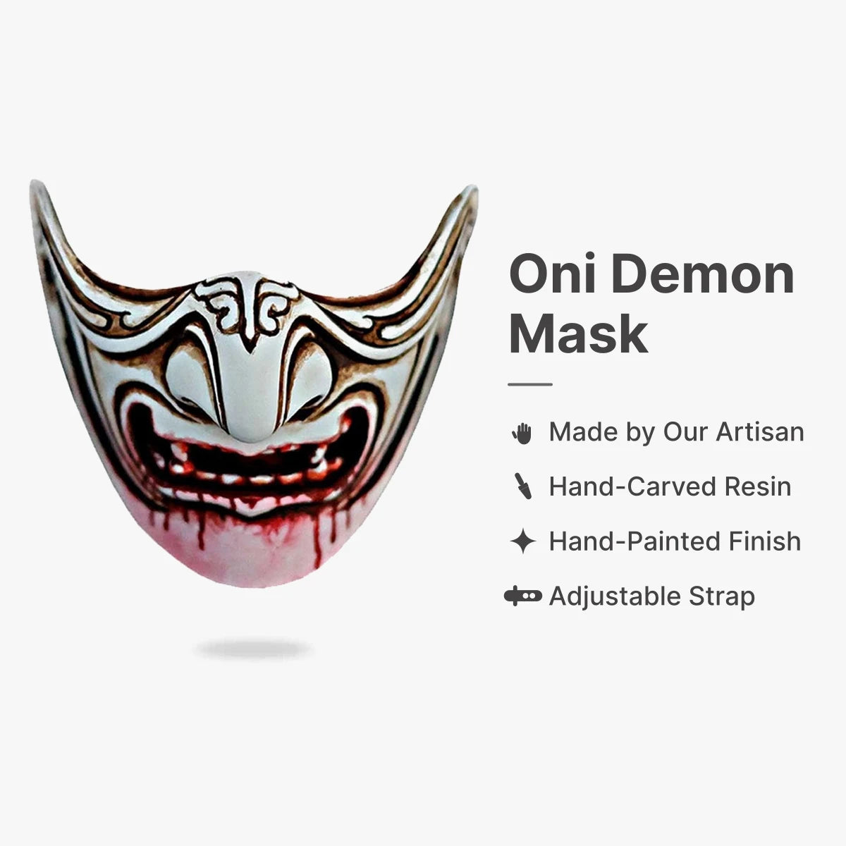 Samurai Oni Mask : Made by Our Artisan, Hand-Carved Resin, Hand-Painted Finish, Adjustable Strap