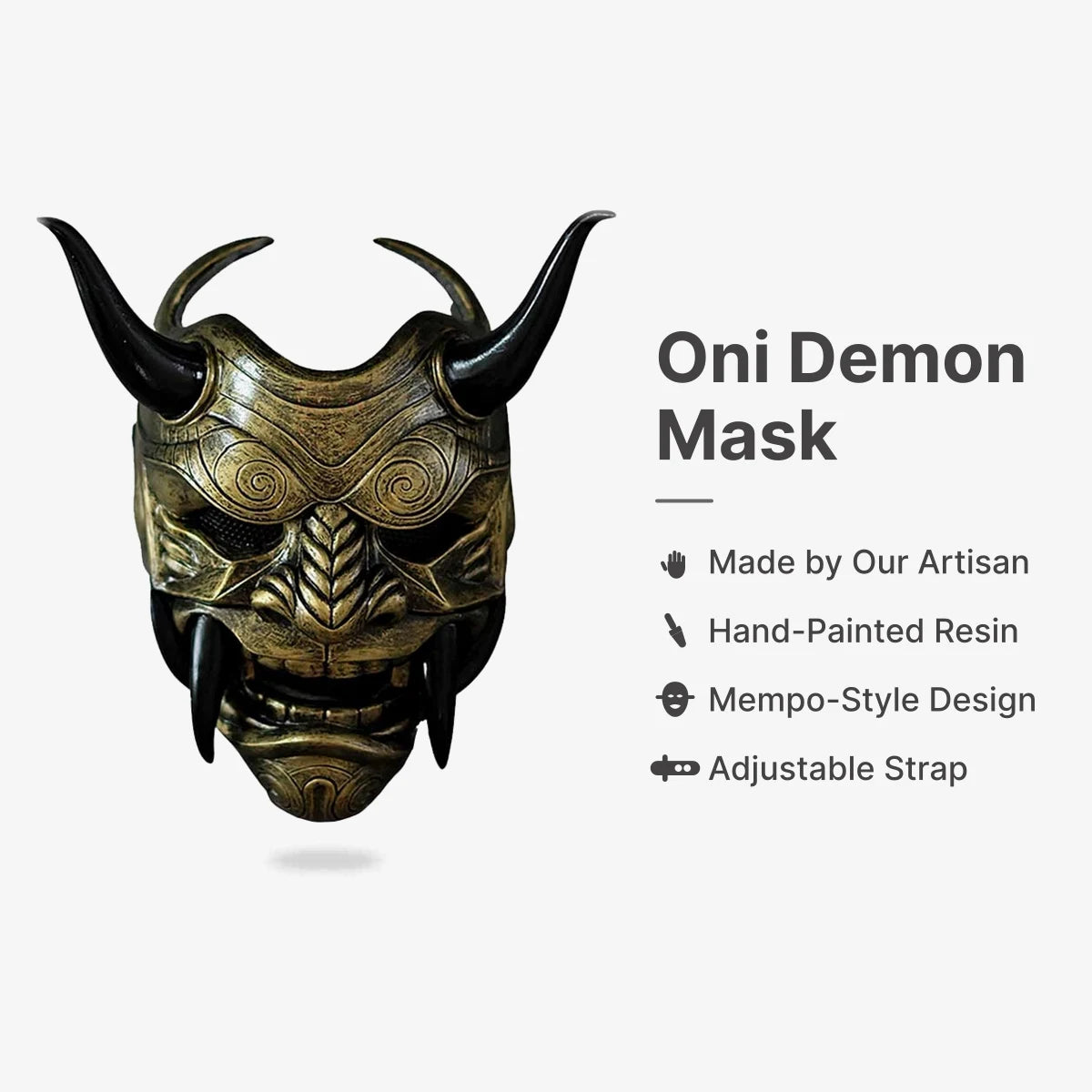 Traditional Japanese Oni Mask : Made by Our Artisan, Hand-Painted Resin, Mempo-Style Design, Adjustable Strap