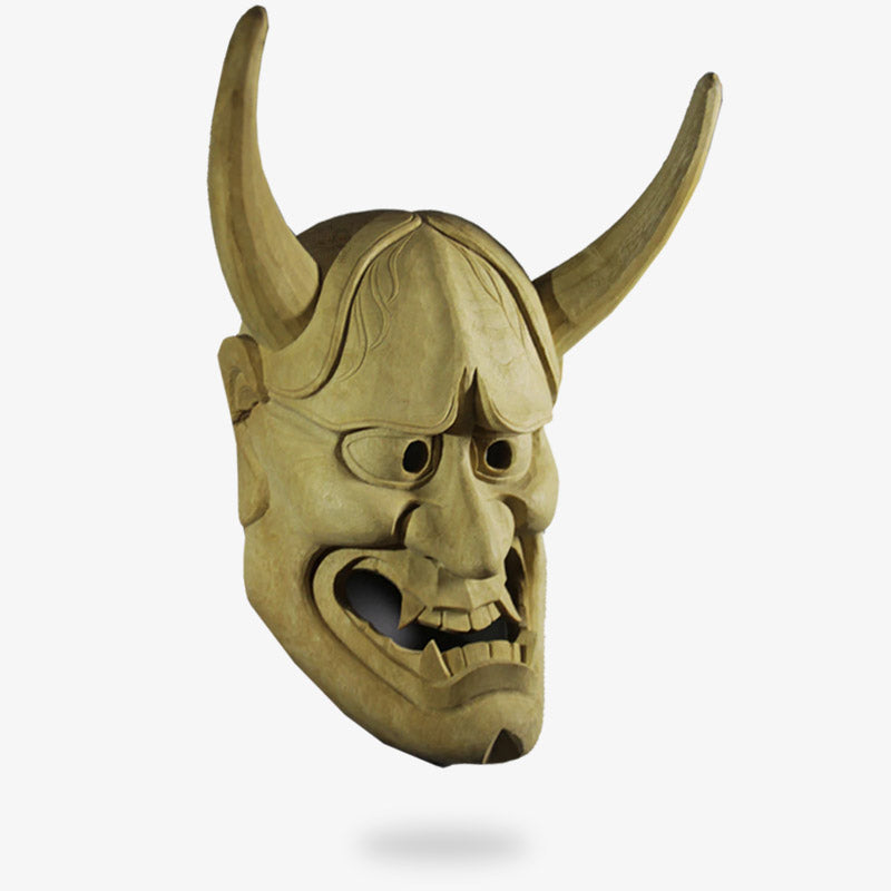 This hannya mask noh theater is an Oni demon face with horns and fangs. Japanese mask handmade with wood-cedar material