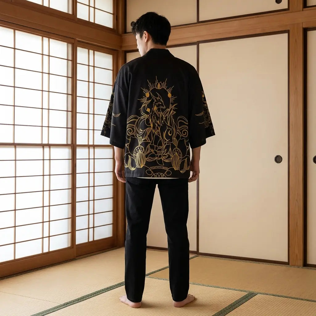 Back view of a haori pattern in a washitsu room, showing the full back design