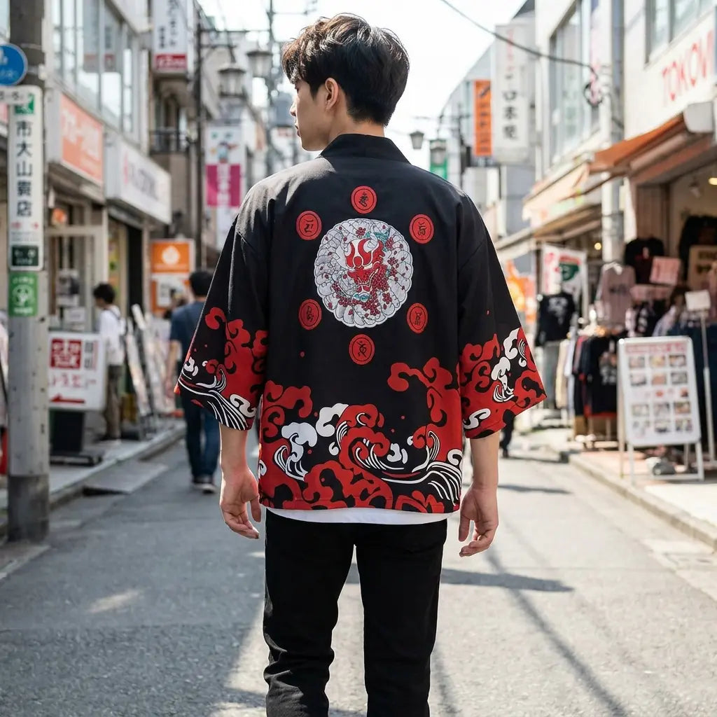 Back view of a haori black worn in a Harajuku street, showing the full print