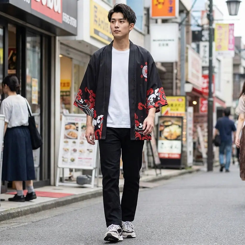 Man wearing a haori black in a Harajuku street in Tokyo, front view