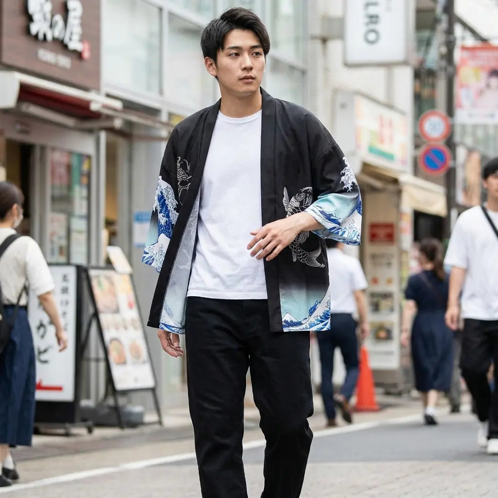 Man wearing a haori design in a Harajuku street in Tokyo, front view