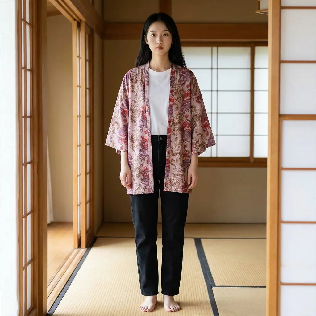 Woman wearing a haori dragon in a washitsu room with tatami and shoji screens