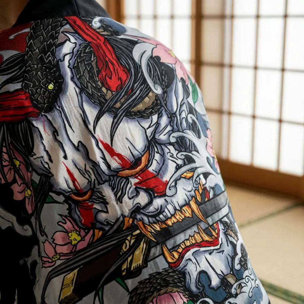 Close-up of the back embroidery of a japanese haori kimono