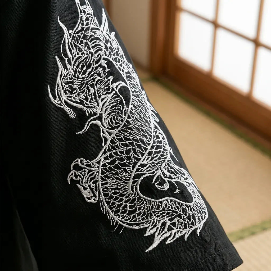 Close-up of the printed fabric and sleeve of a dragon haori