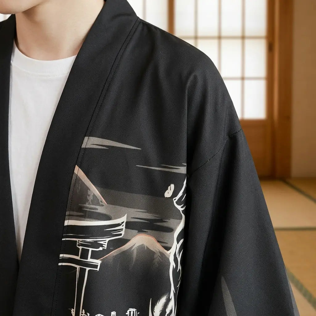 Close-up of the printed fabric and sleeve of a kitsune haori