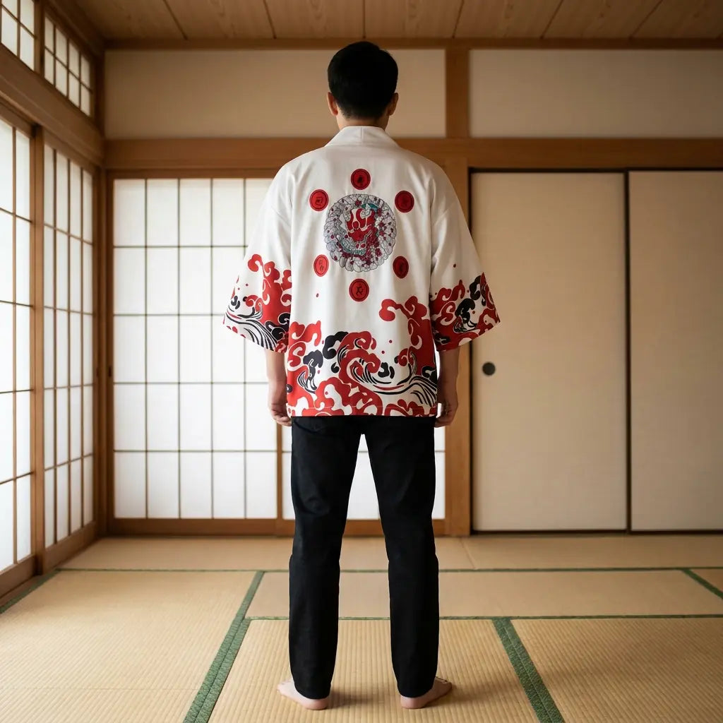 Back view of a red haori in a washitsu room, showing the full back design