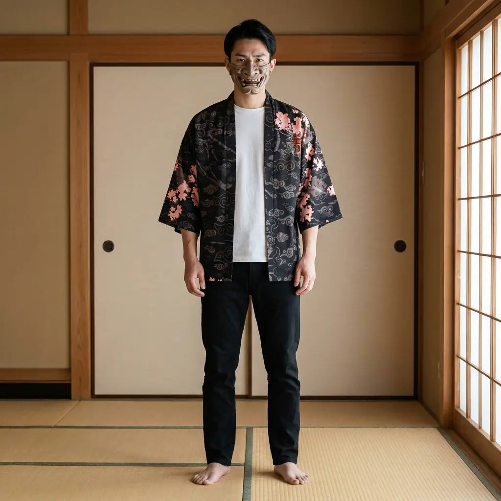 Man wearing a dragon kimono in a traditional Japanese washitsu room, front view