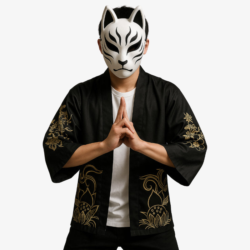 a man is dressed with an Haori jacket pattern designed with gold sakura flowers on black cotton. For crafting classic Japanese overcoats, blending harajuku streetwear outfit and manga. A japanese kistune mask hides his face