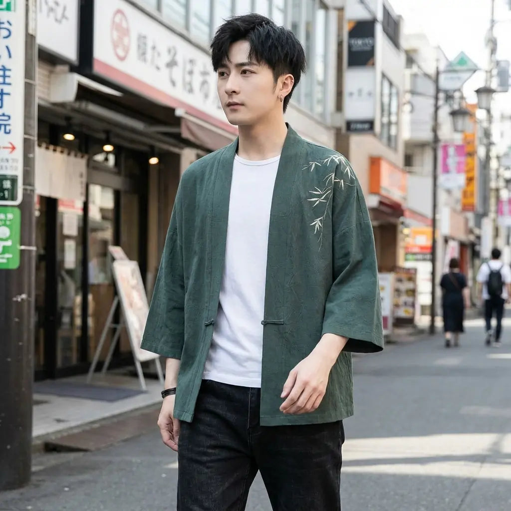 Man wearing a haori kimono cardigan in a Harajuku street in Tokyo, front view