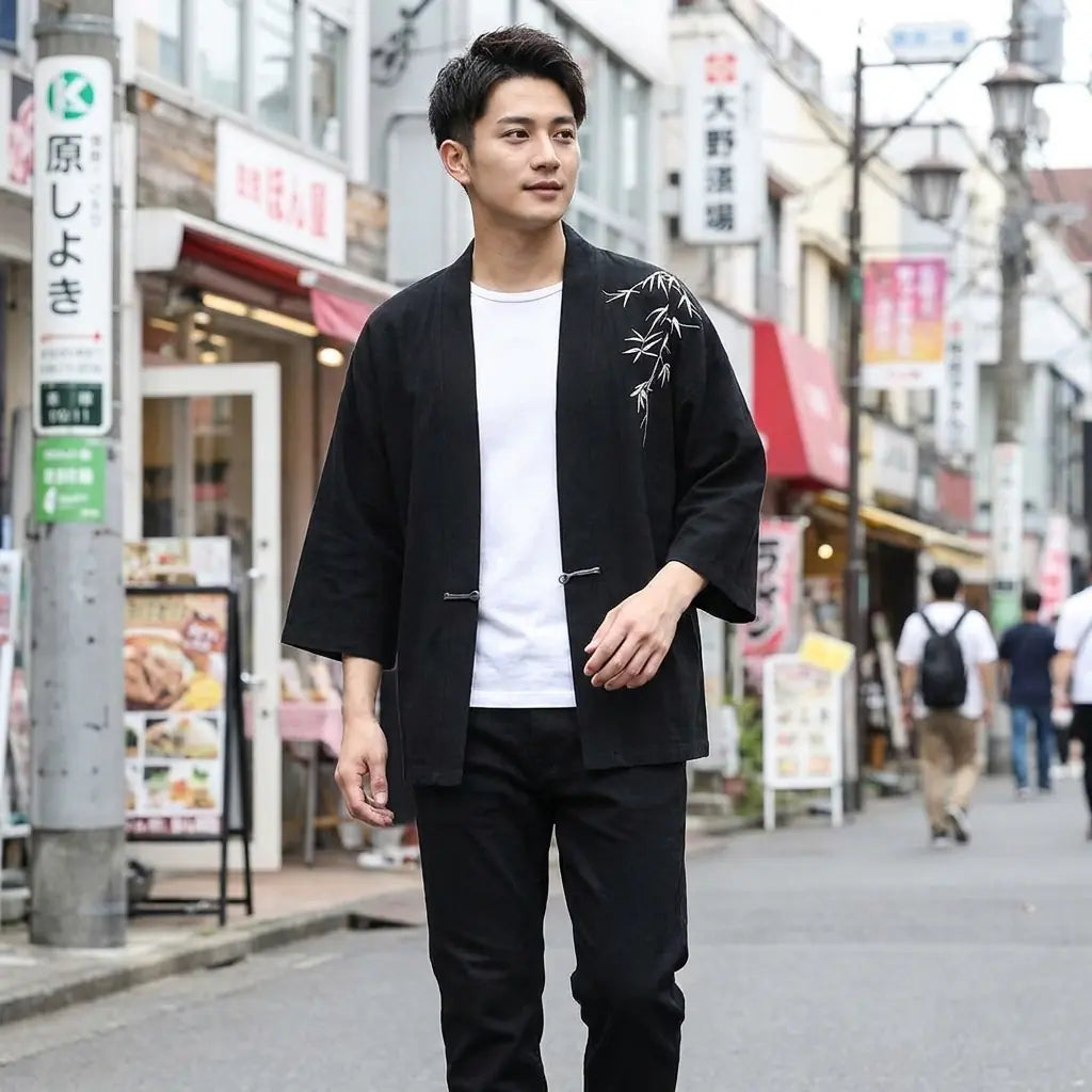 Man wearing a haori kimono in a Harajuku street in Tokyo, front view