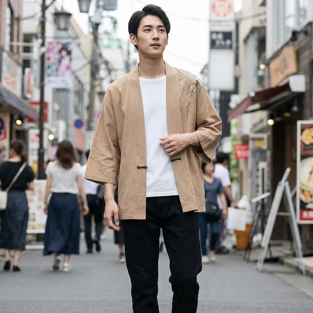 Man wearing a haori kimono jacket in a Harajuku street in Tokyo, front view