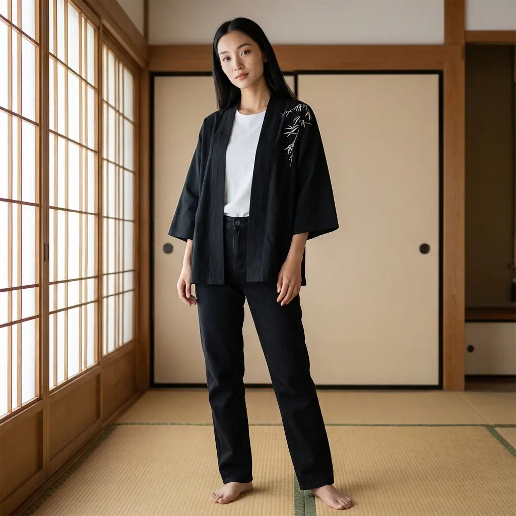 Woman wearing a haori kimono in a washitsu room with tatami and shoji screens