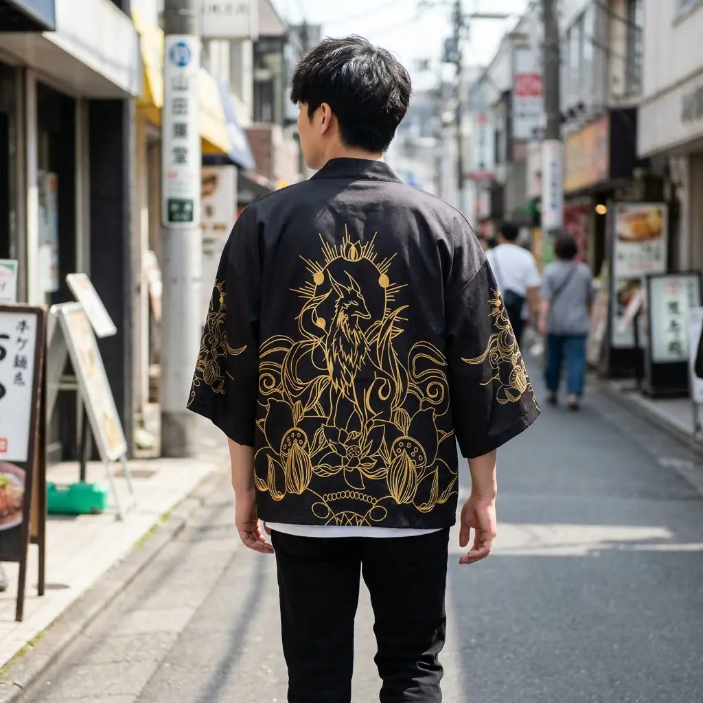 Back view of a haori pattern worn in a Harajuku street, showing the full print